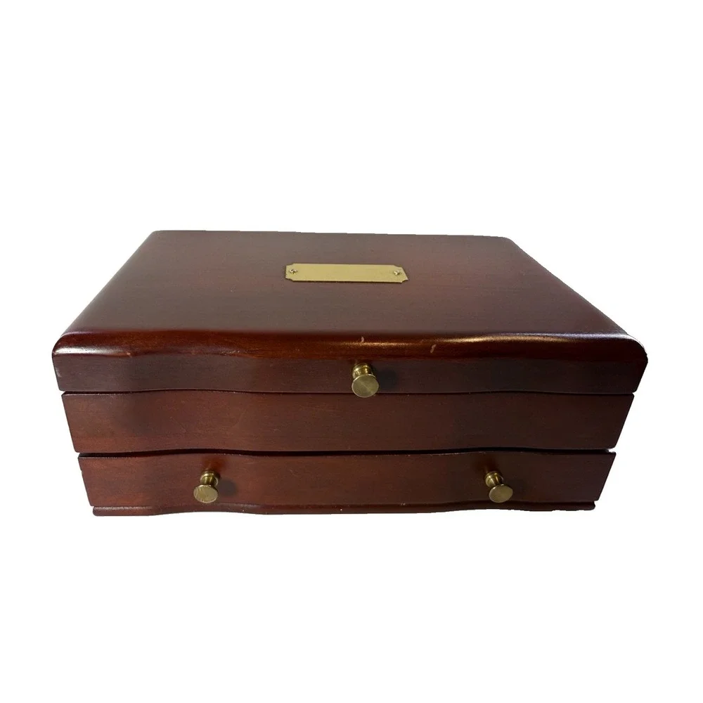 Reed & Barton Eureka Wood Jewelry Box Chest W/Drawer Burgundy Velvet Interior